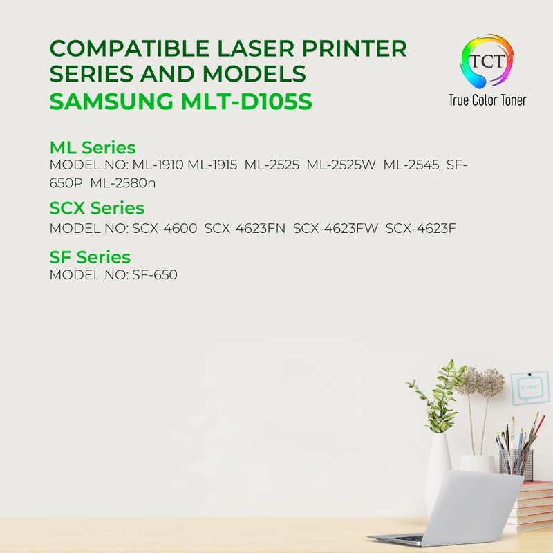 TCT D105S Toner Cartridge - Premium Compatible Replacement for Samsung MLT-D105S Black Works with Samsung ML-1910 1911 1915 2525 2545 2525W 2526 Printers (1,500 Pages) - Image 2